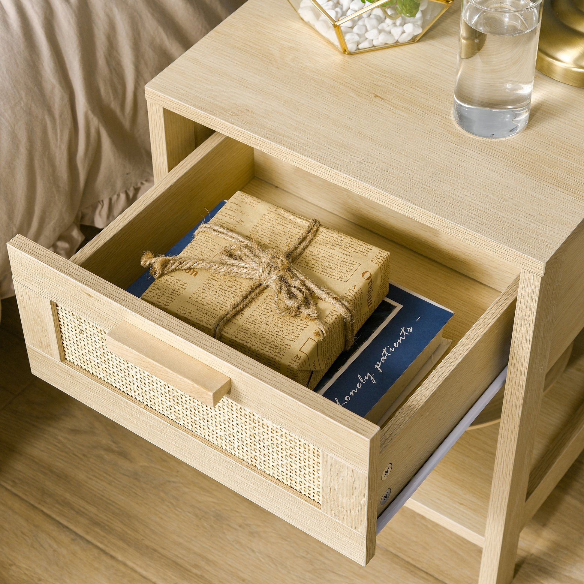 HOMCOM Natural Rattan Nightstand: Modern Bedside End Table with Storage