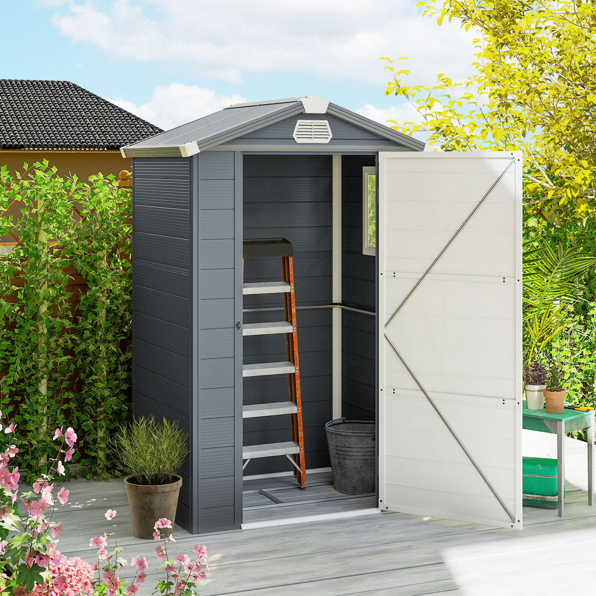 4.4' x 3.3' Plastic Garden Storage Shed with Latch Door, Vents, Sloped Roof
