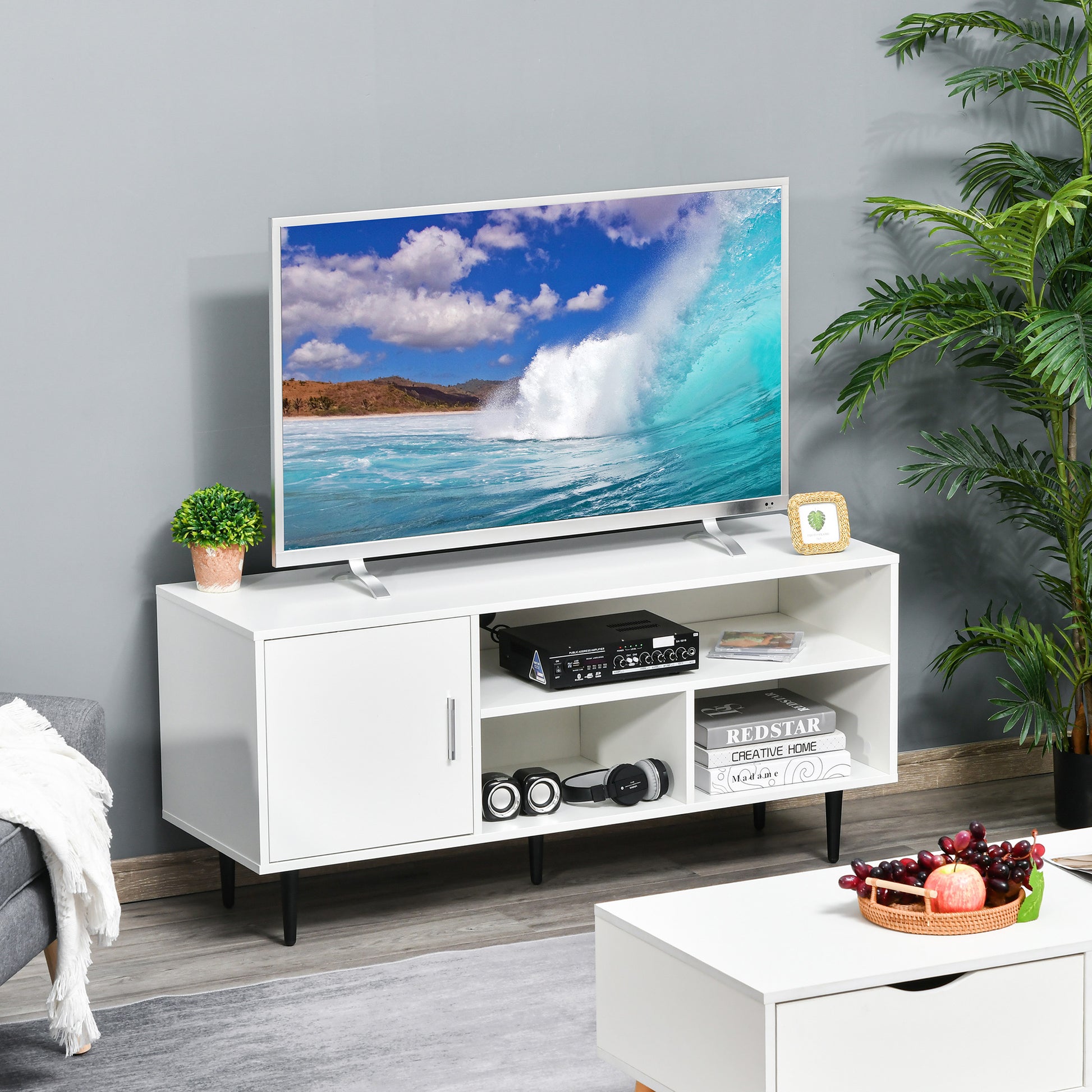 Modern White TV Stand Cabinet for 60-inch TVs, Storage, Cable Management