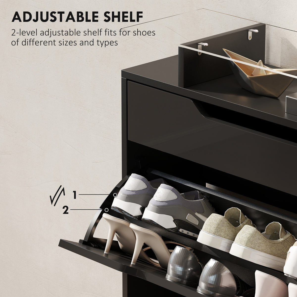 High Gloss Shoe Cabinet with 2 Flip Drawers – 35"W x 38"H