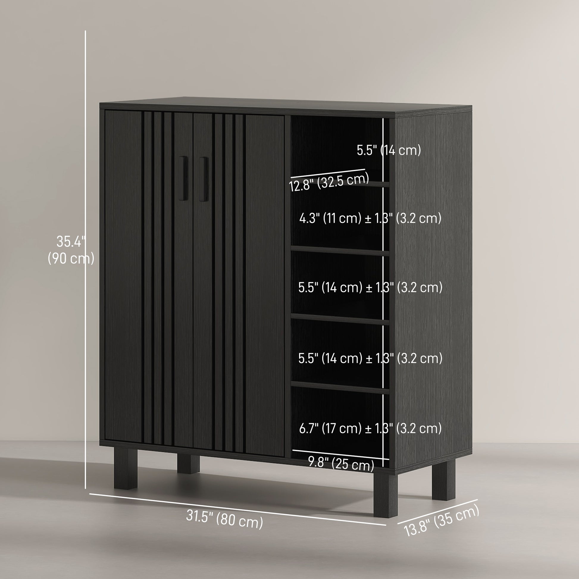 HOMCOM Black Entryway Shoe Storage Cabinet with Double Doors & Open Shelves
