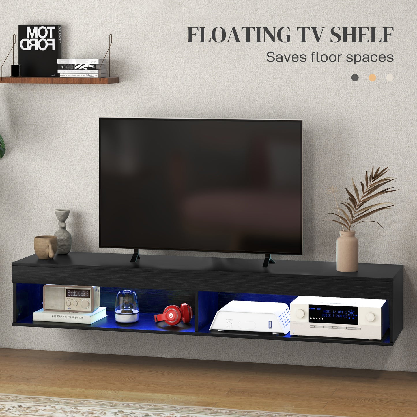 HOMCOM Modern Floating Wall Mounted TV Stand with LED Lights, Storage, Black