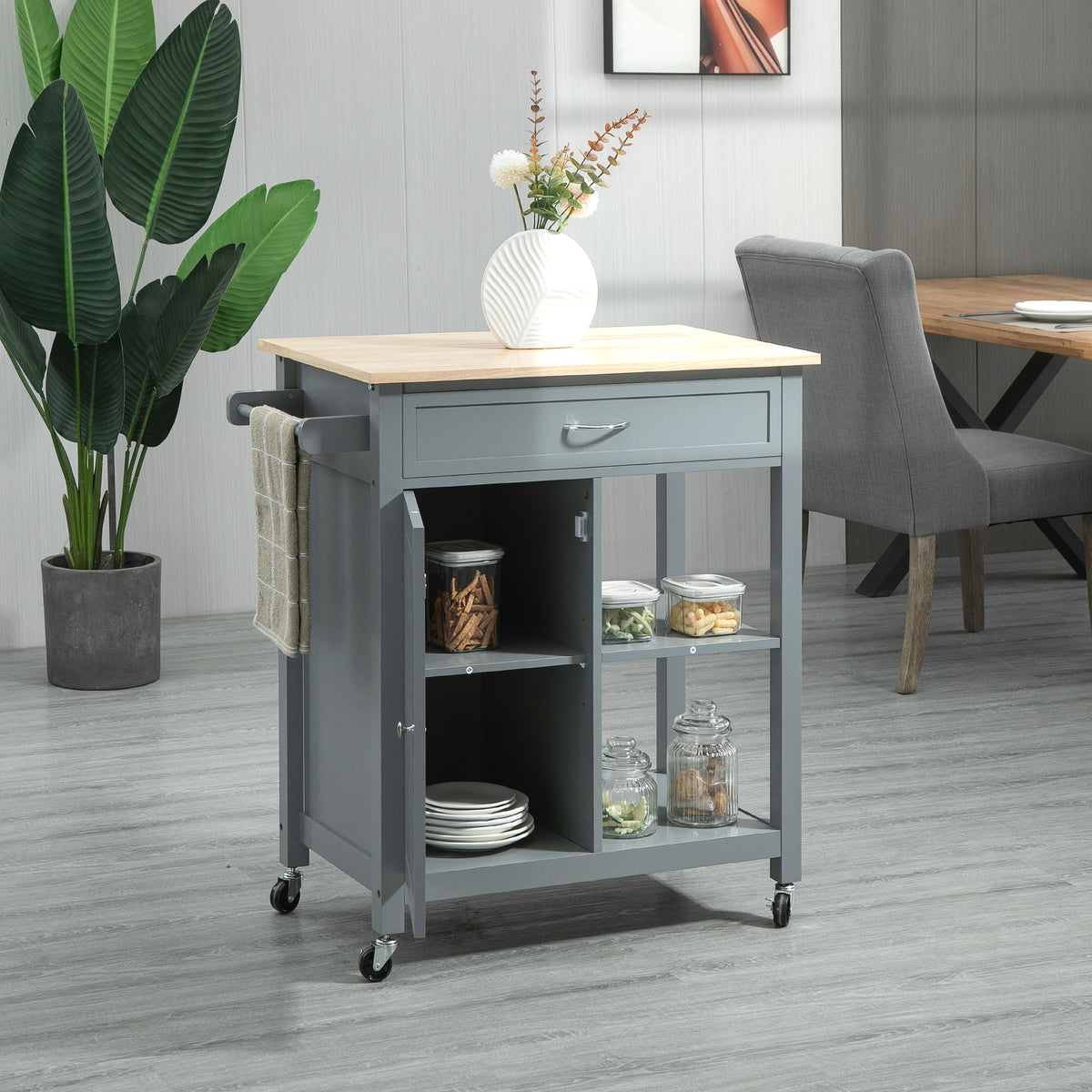 Rolling Kitchen Cart with Wood Top and Drawer – 33"W x 35"H