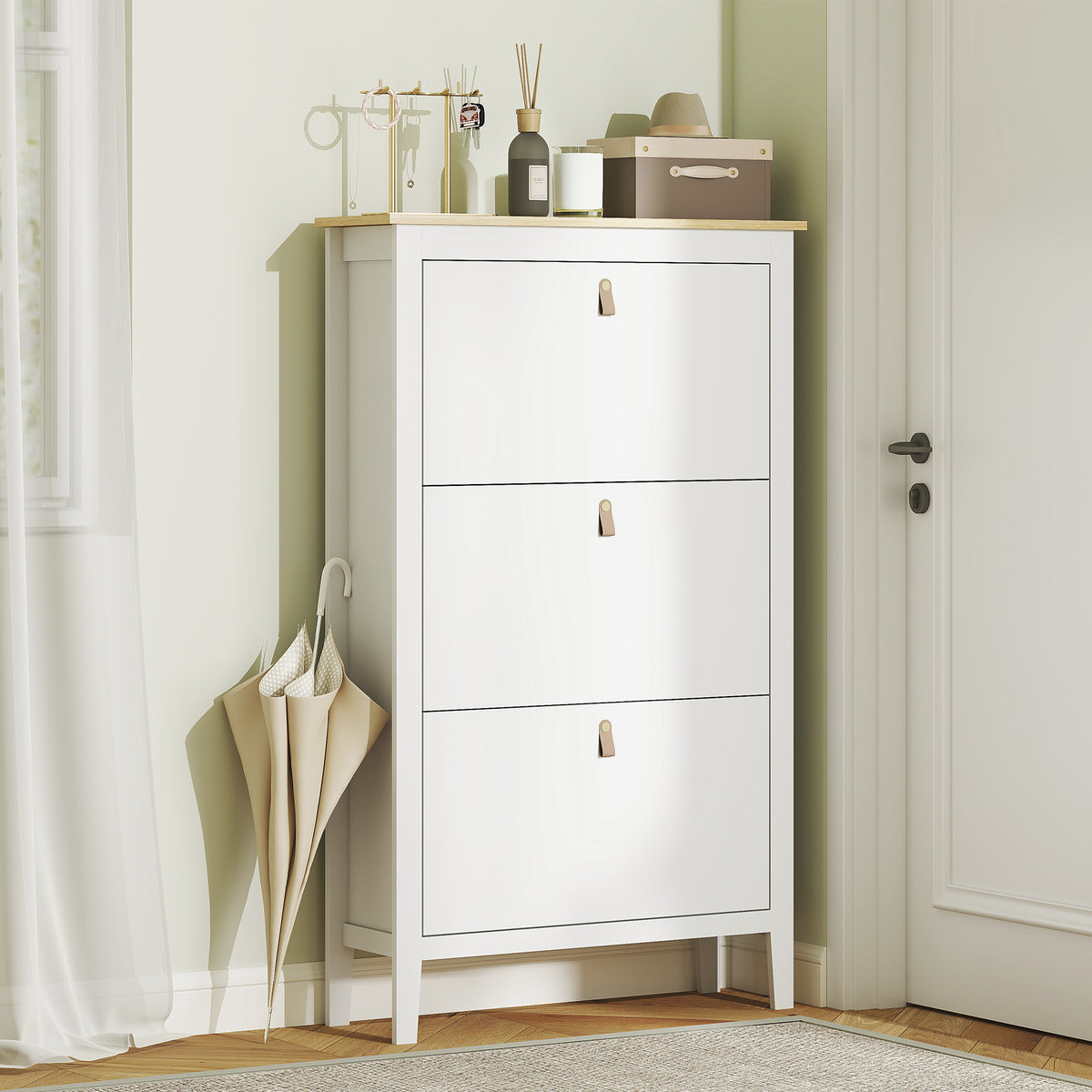 Narrow Shoe Cabinet with 3 Flip Drawers – 31"W x 52"H