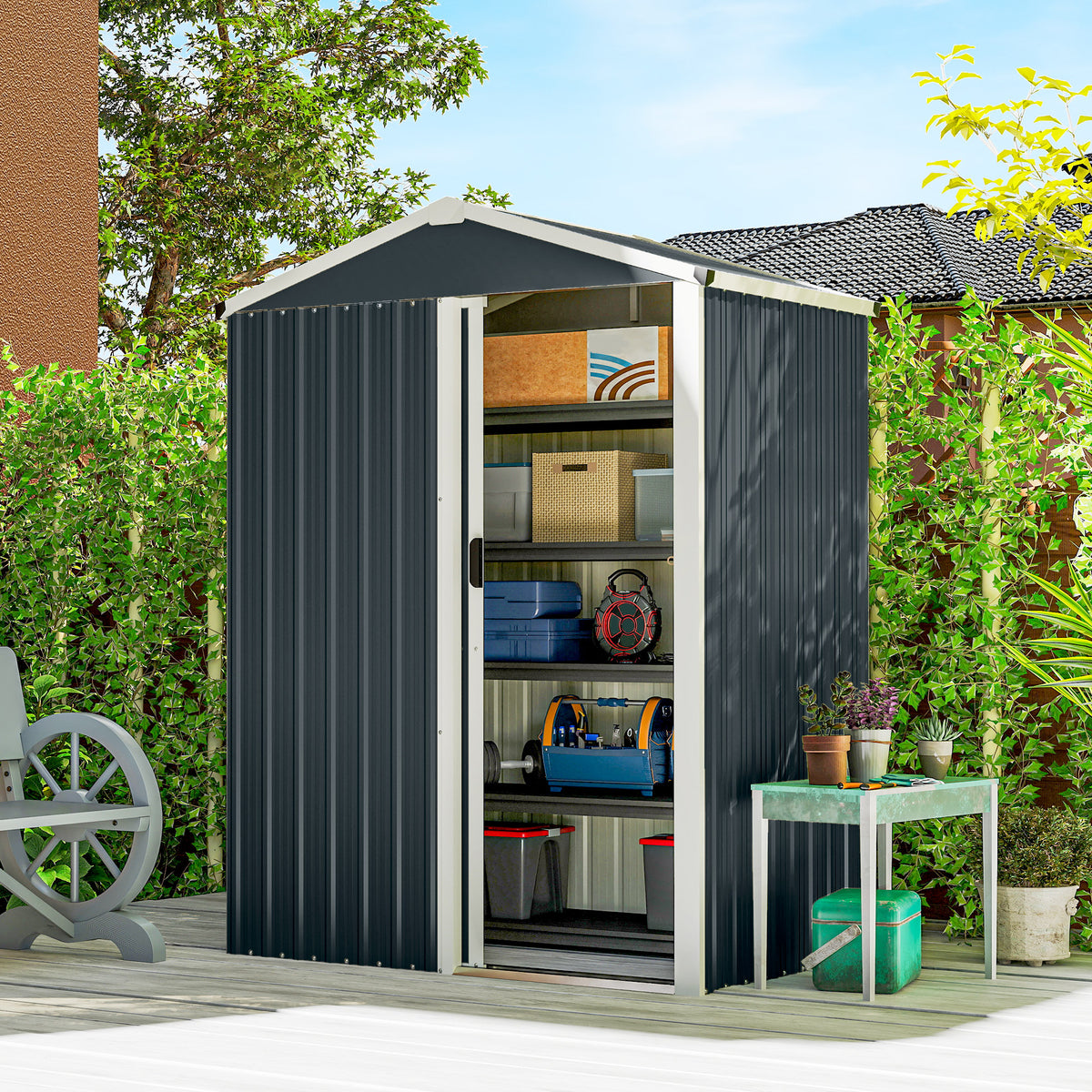 4.5 x 3ft Outdoor Storage Shed, Waterproof Metal Garden Shed with Lockable Door for Backyard, Patio, Lawn – Dark Grey