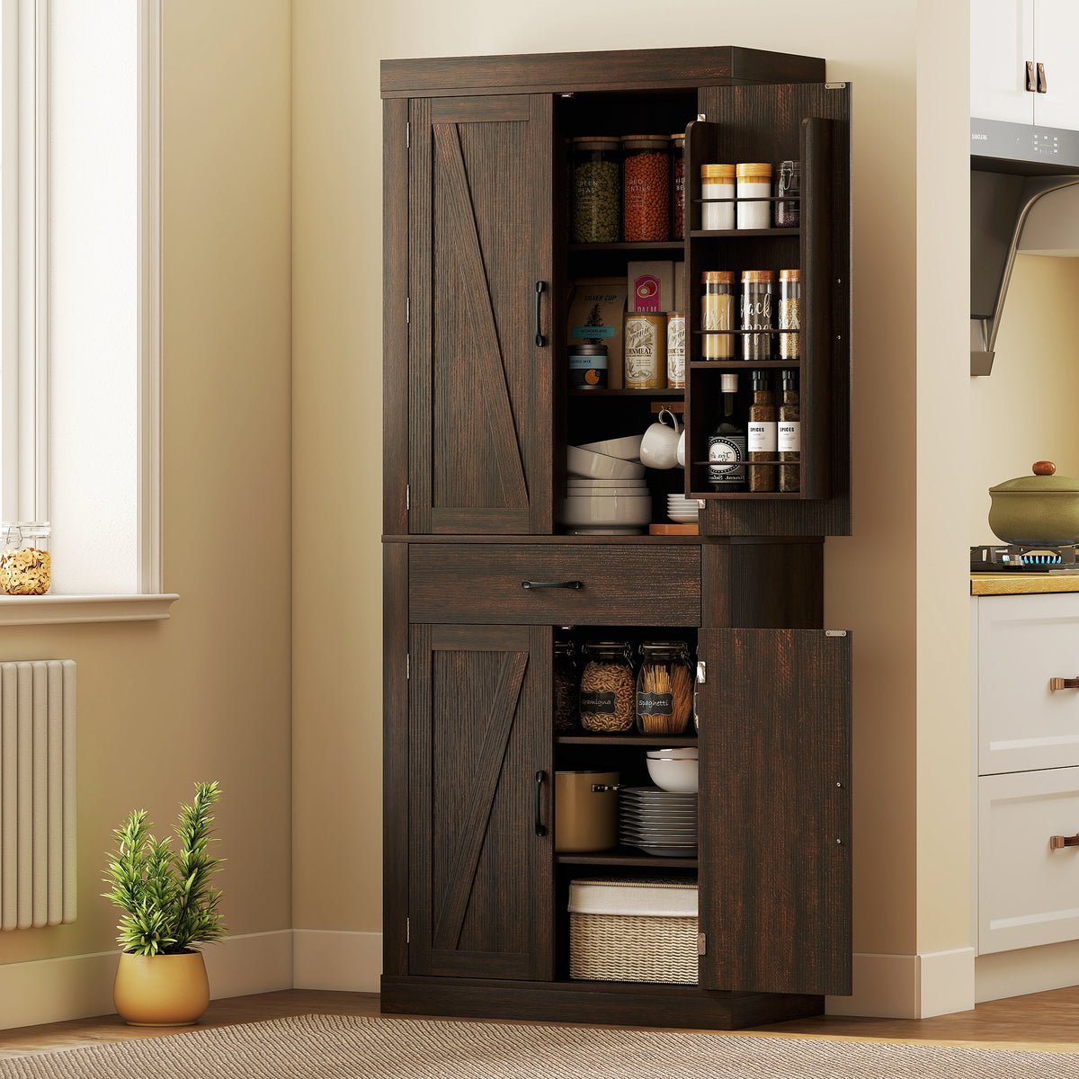 Farmhouse Kitchen Storage Cabinet with 4 Barn Doors – 30"W x 72"H