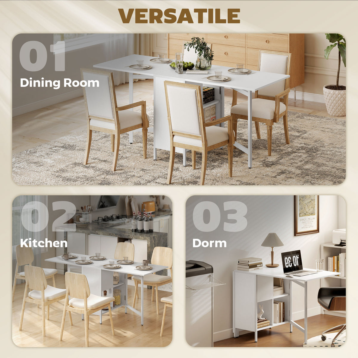 Multi-Use Foldable Dining Table with Hideaway Shelves, 66.5" Drop Leaf Table