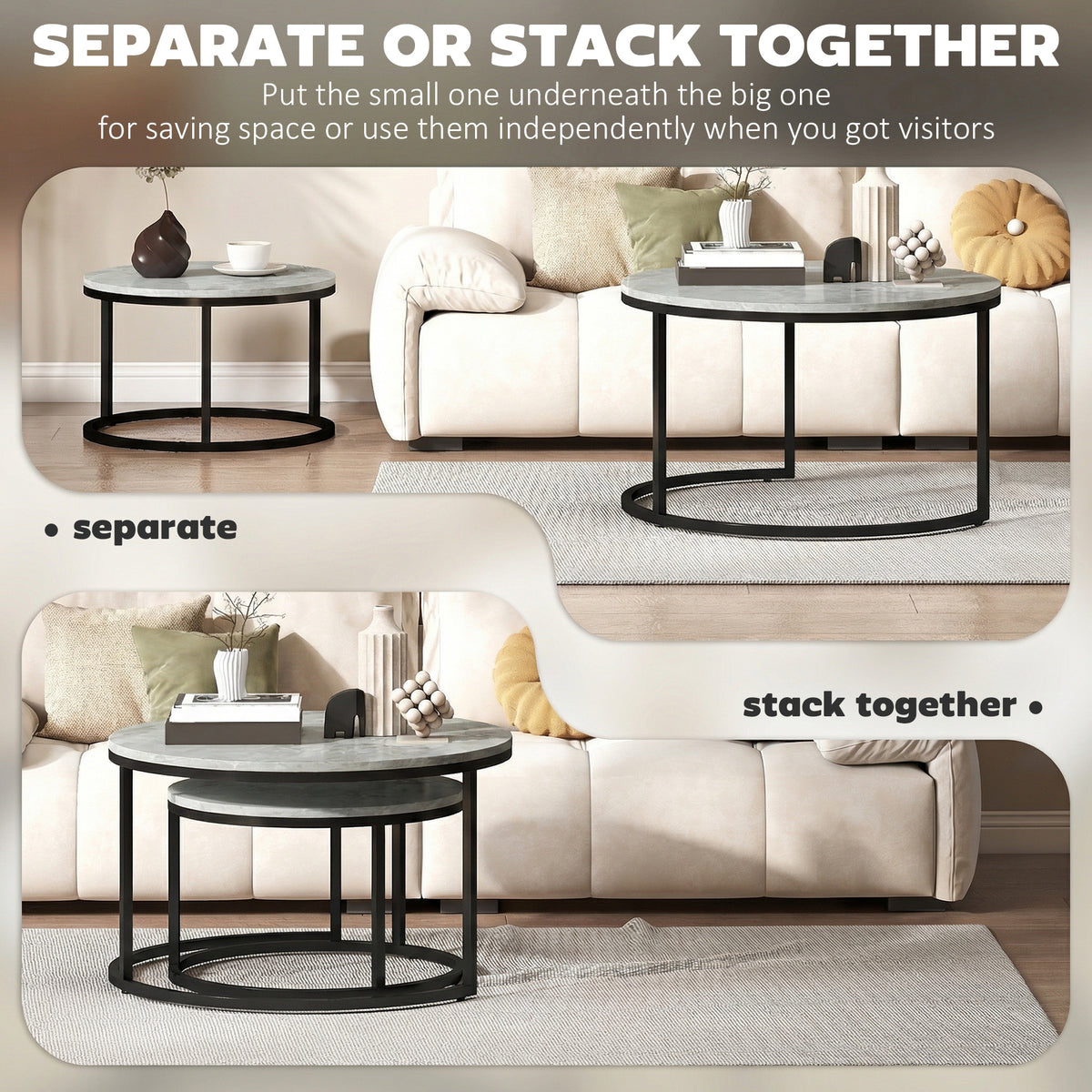 Round Nesting Coffee Table Set of 2, Marble-Effect Top, Metal Base, Grey