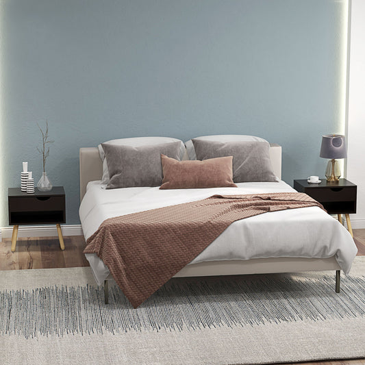 Set of 2 Modern Black Nightstands with Drawer, Shelf, Wooden Legs for Bedroom