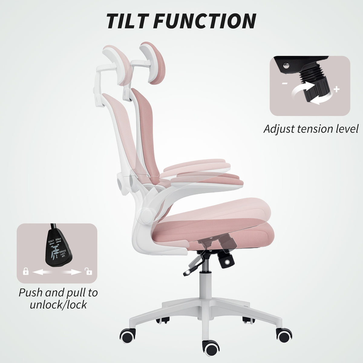 Ergonomic Mesh Office Chair, High Back Desk Chair with Rotatable Headrest, Pink