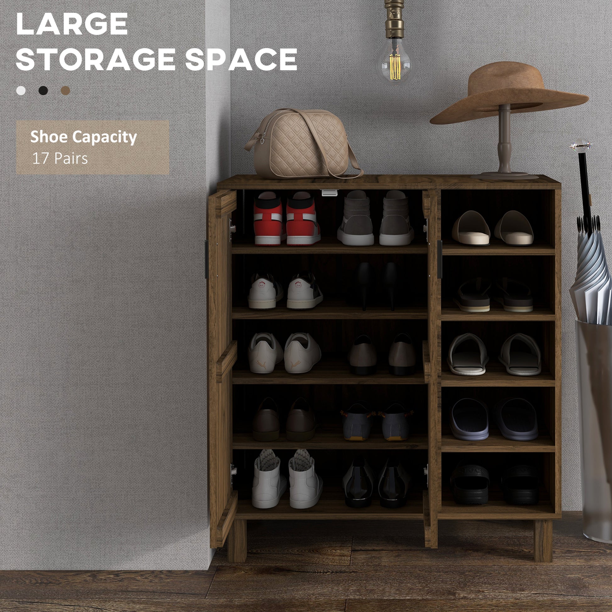 HOMCOM Walnut Shoe Storage Organizer with Double Doors and Open Shelves