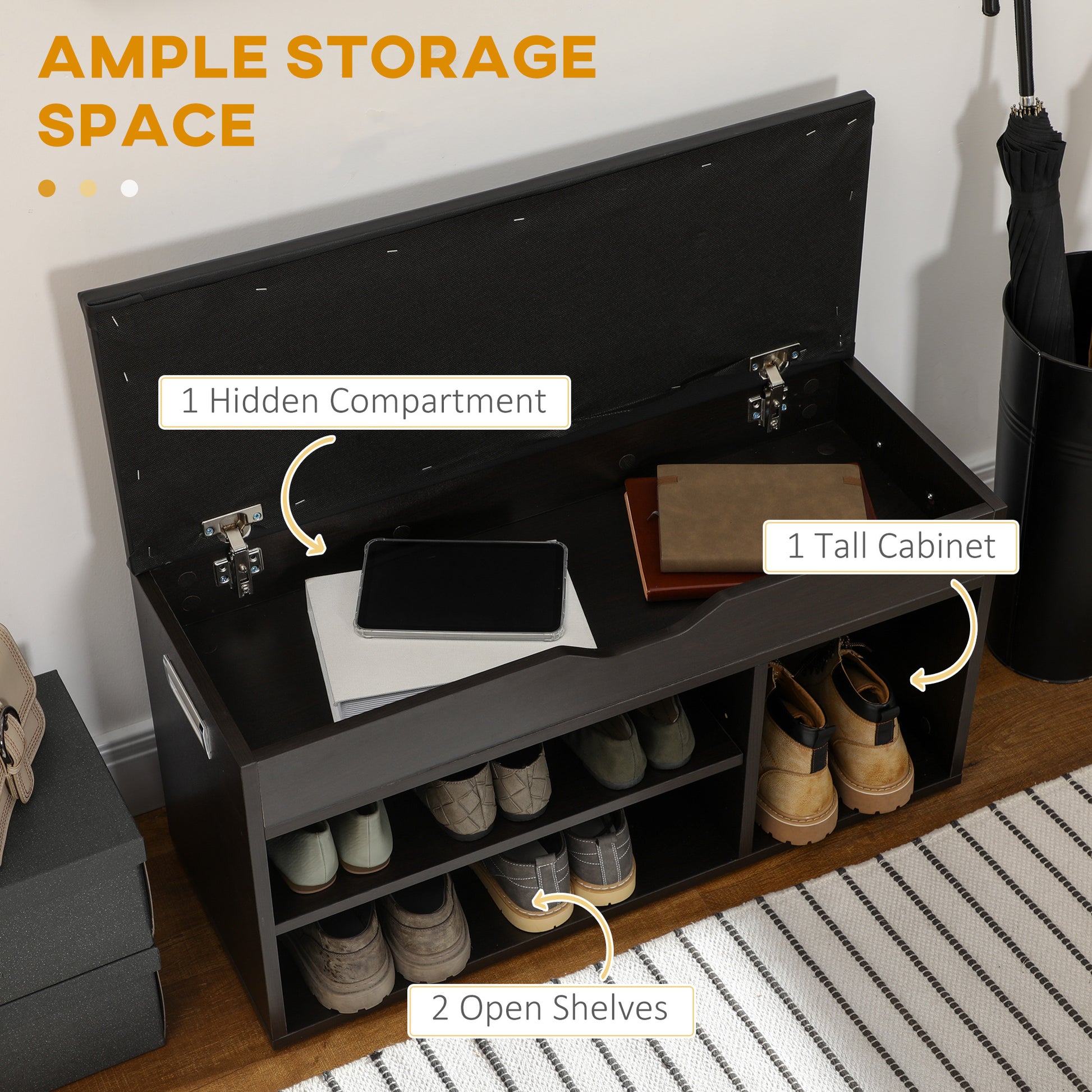 HOMCOM Entryway Shoe Bench with Padded Cushion, Hidden Storage, Black