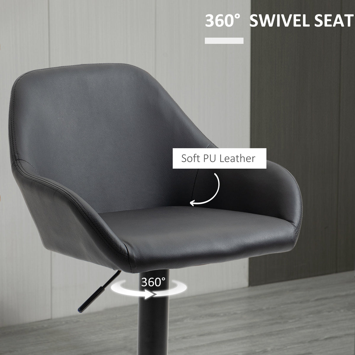 Retro PU Leather Swivel Bar Stools with Footrest and Mid Back, Round Base, Set of 2, Black