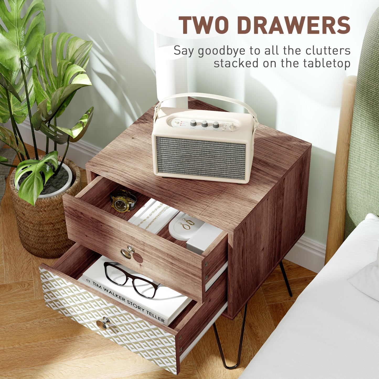 HOMCOM Boho Wood-Effect Nightstand with Two Drawers and Hairpin Legs