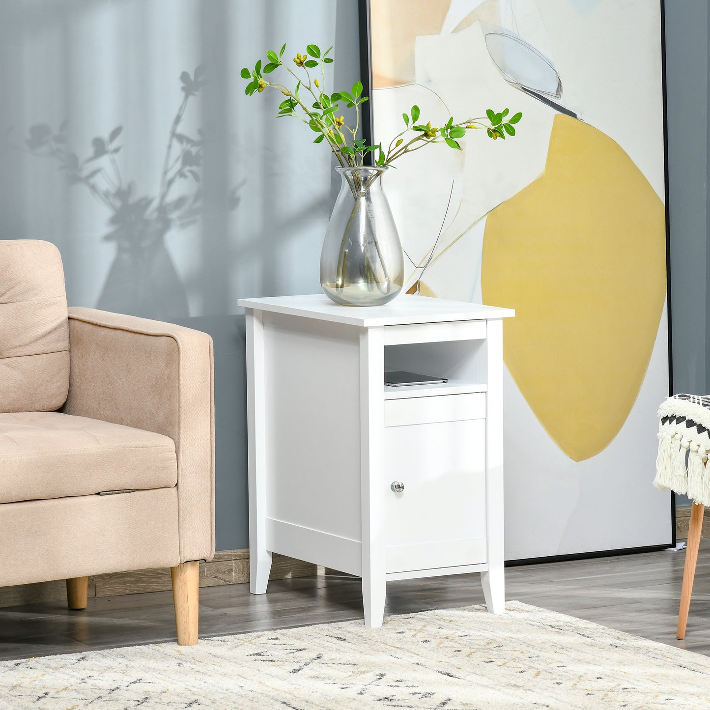 HOMCOM Modern 3-Tier Nightstand with Pullout Shelf, Adjustable Cabinet, White Wood