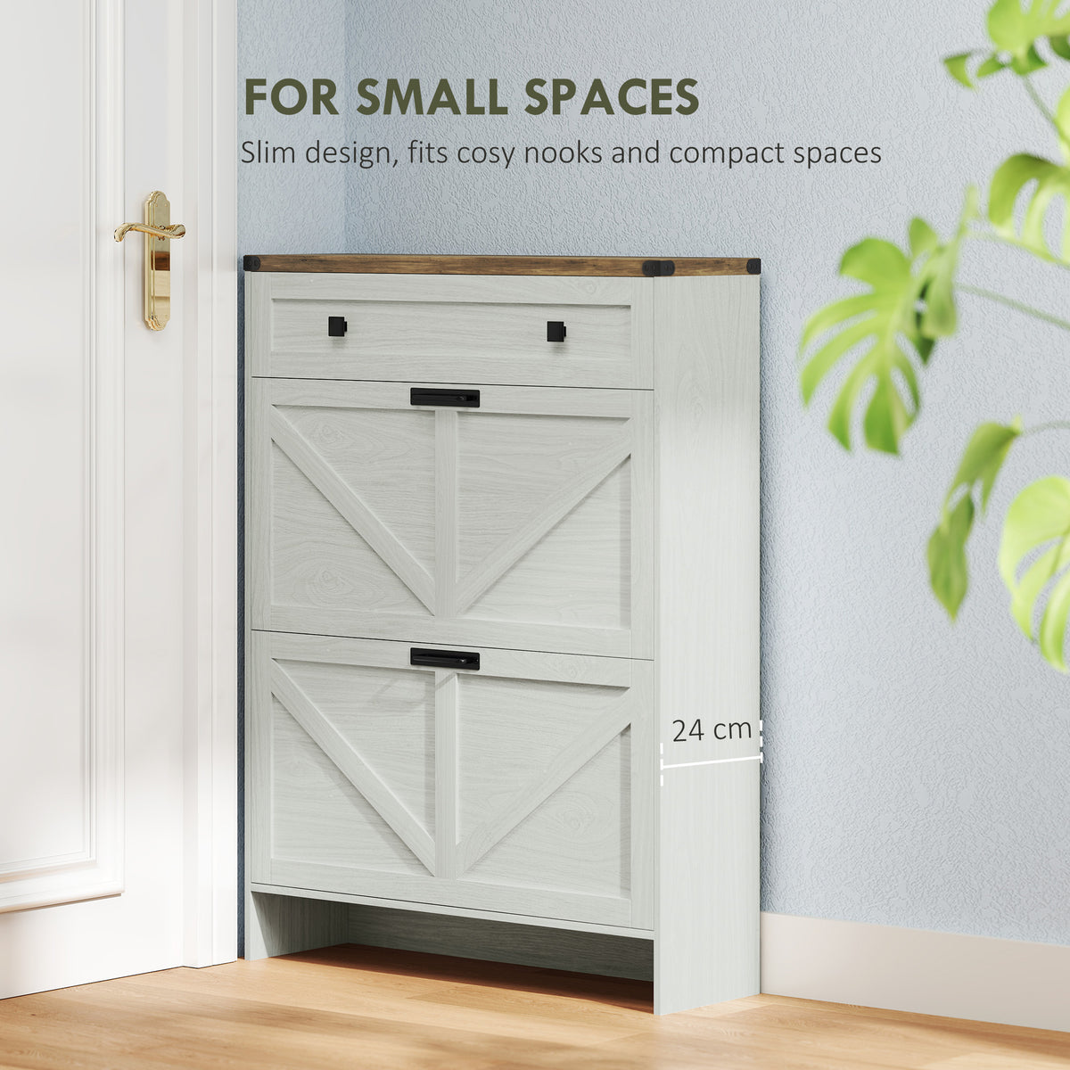 Farmhouse Narrow Shoe Cabinet with 2 Flip Drawers – 32"W x 43"H