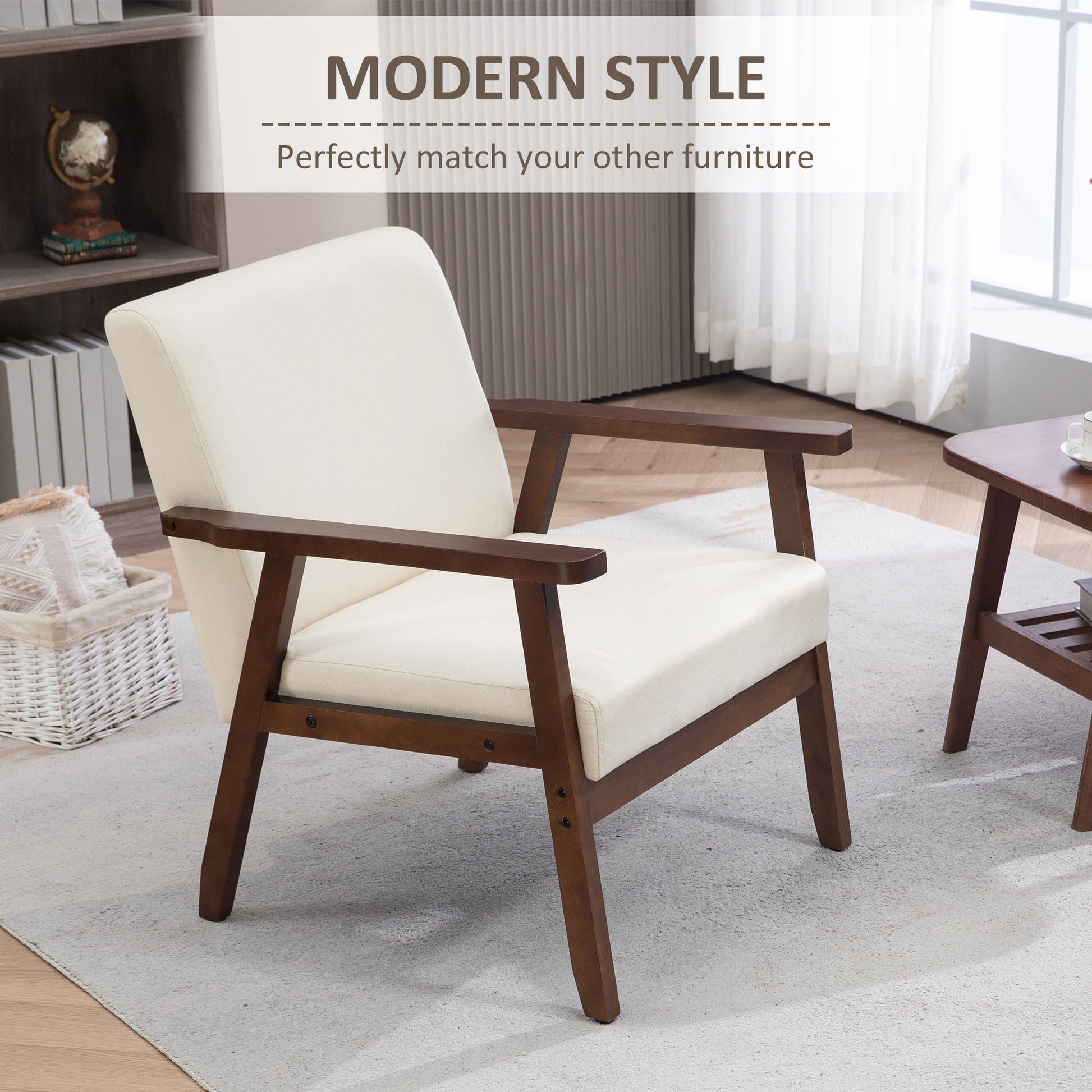 Modern Upholstered Linen-Feel Accent Armchair with Cushioned Seat, Cream White