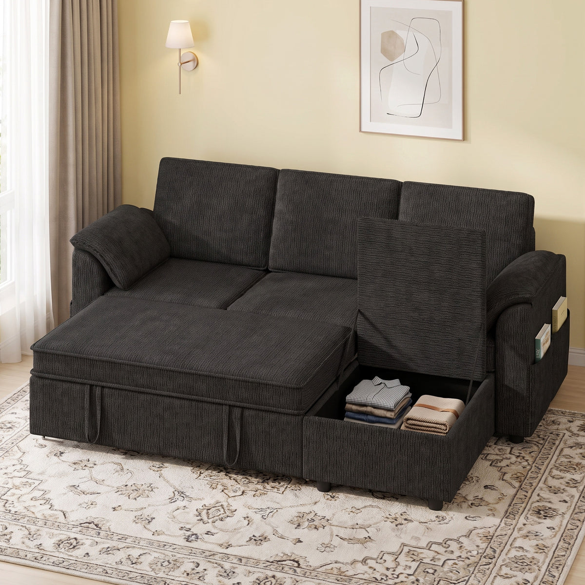 Reversible Pull-Out Sleeper Sectional with Storage Ottoman