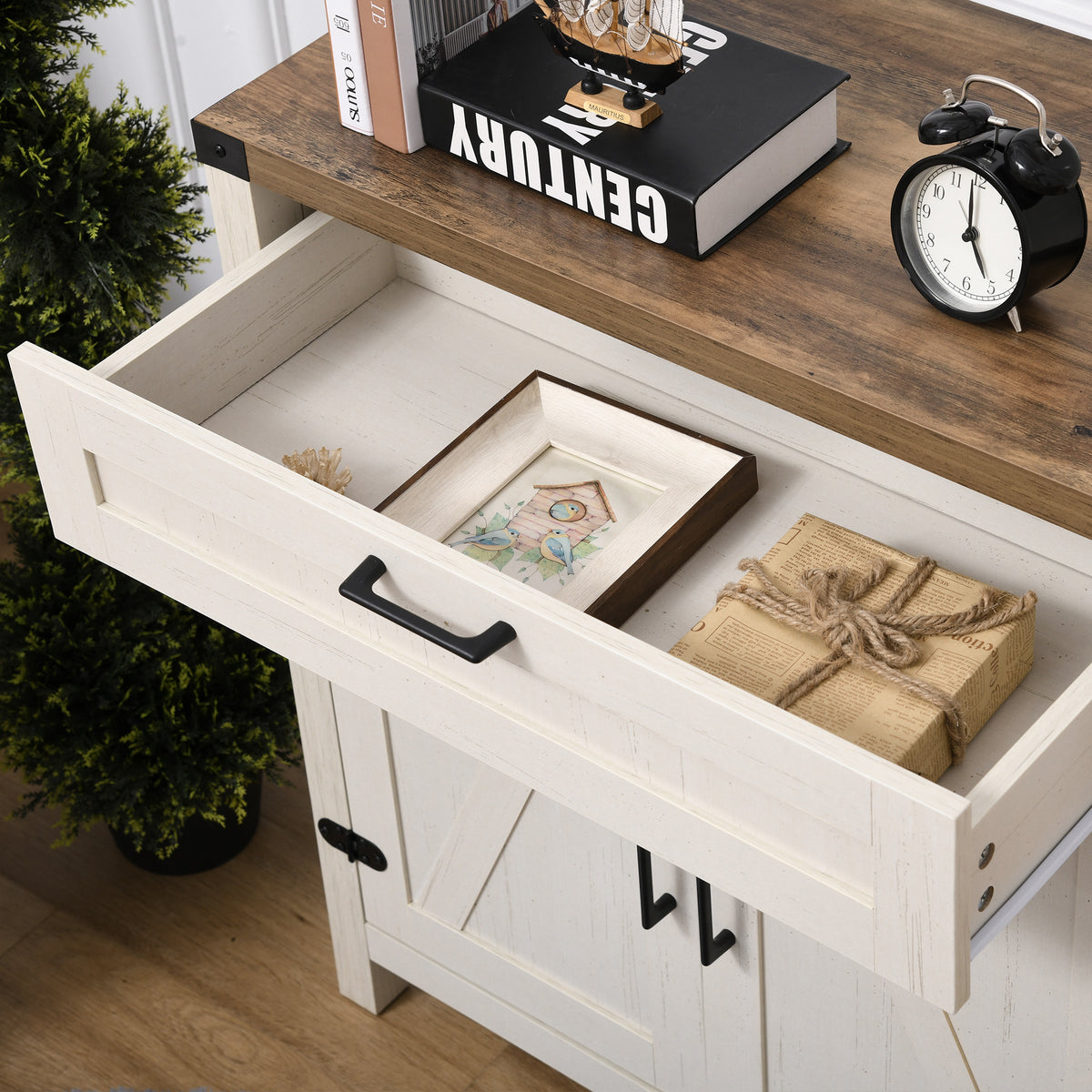 Sideboard Buffet Cabinet with 2 Rustic Barn Doors and Drawer – 30"W x 33"H