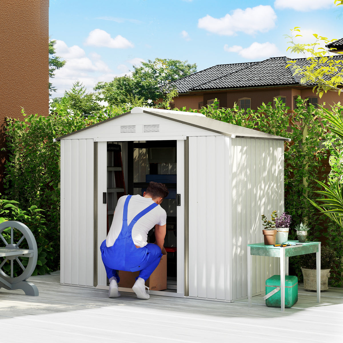 7'x 4'x 6' Garden Tool Shed Metal Storage Shed w/ Foundation Kit, Vents and Double Doors – Silver