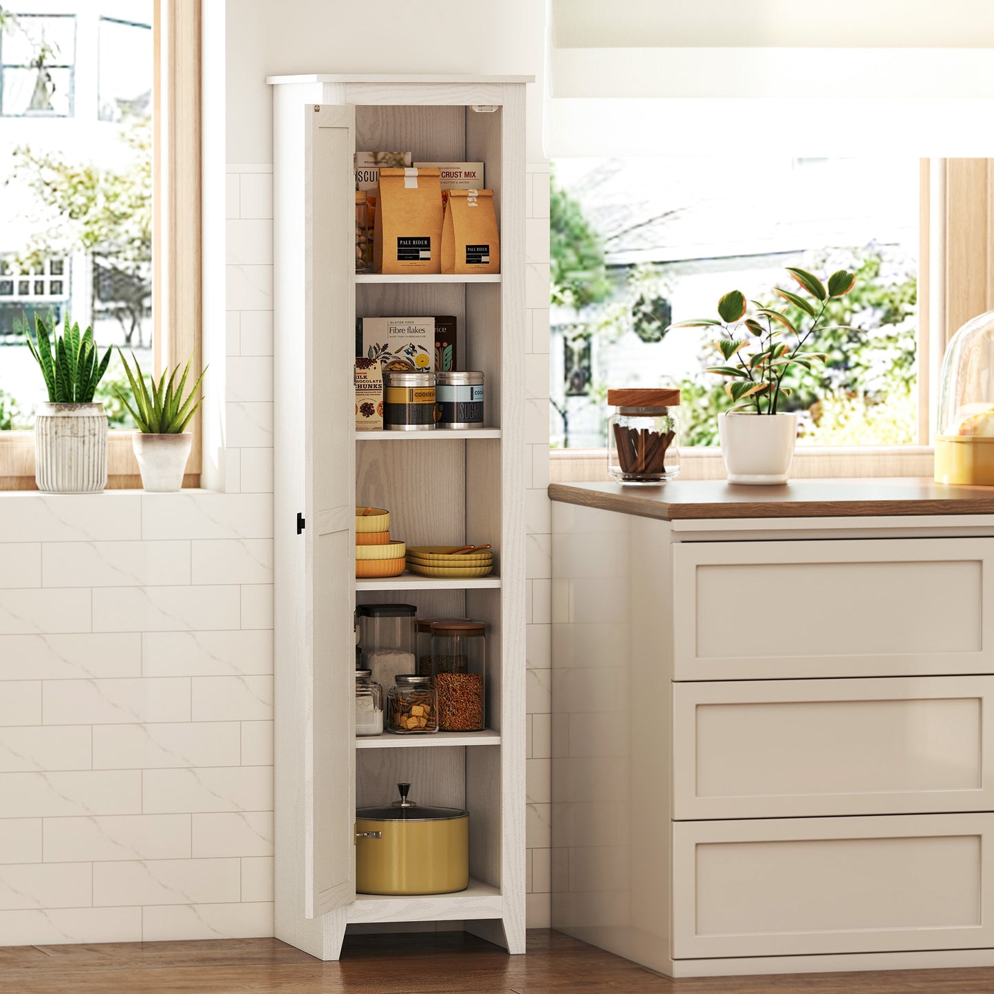 HOMCOM 67" Farmhouse Pantry Cabinet with Barn Door – White, 5‑Shelf Storage