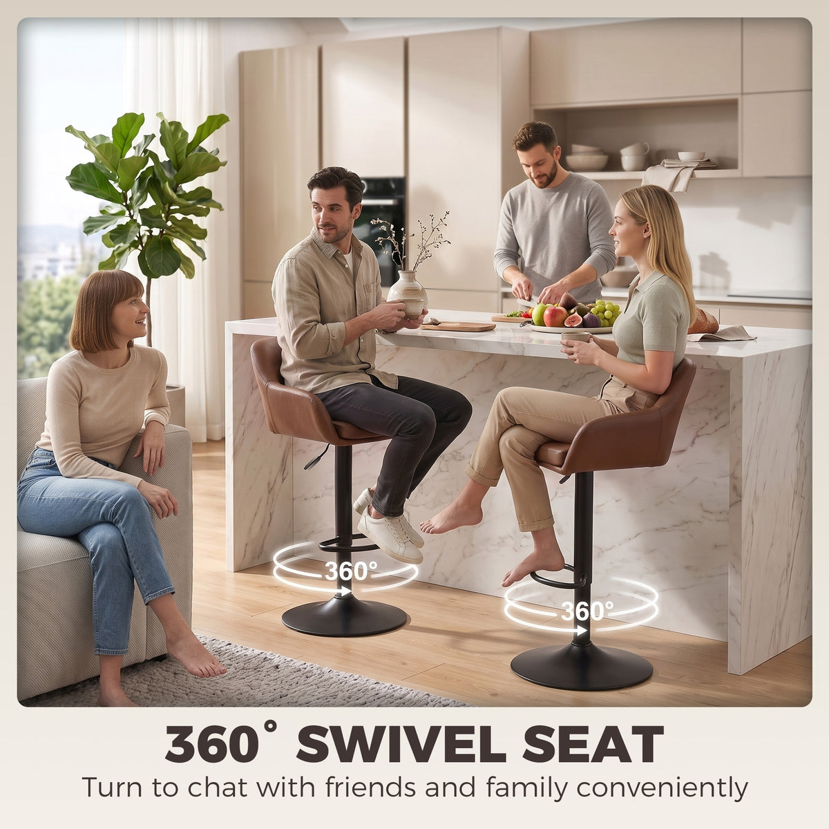 PU Leather Swivel Counter Stools with Arms and Backrest, Adjustable, Set of 2, Brown