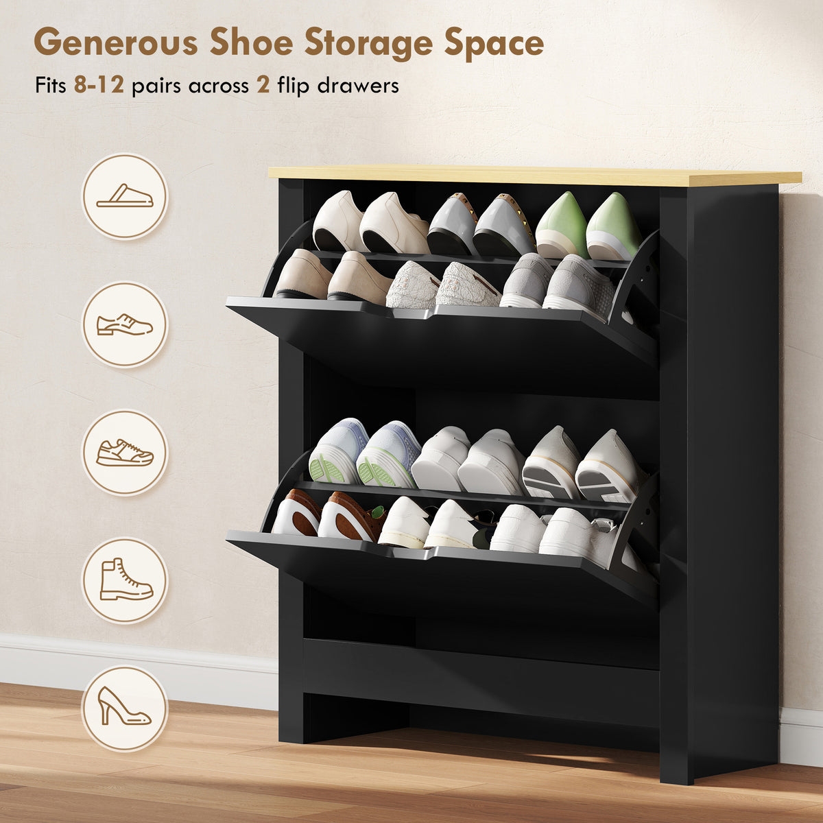 Shoe Storage Cabinet with 2 Flip Drawers – 28"W x 31"H