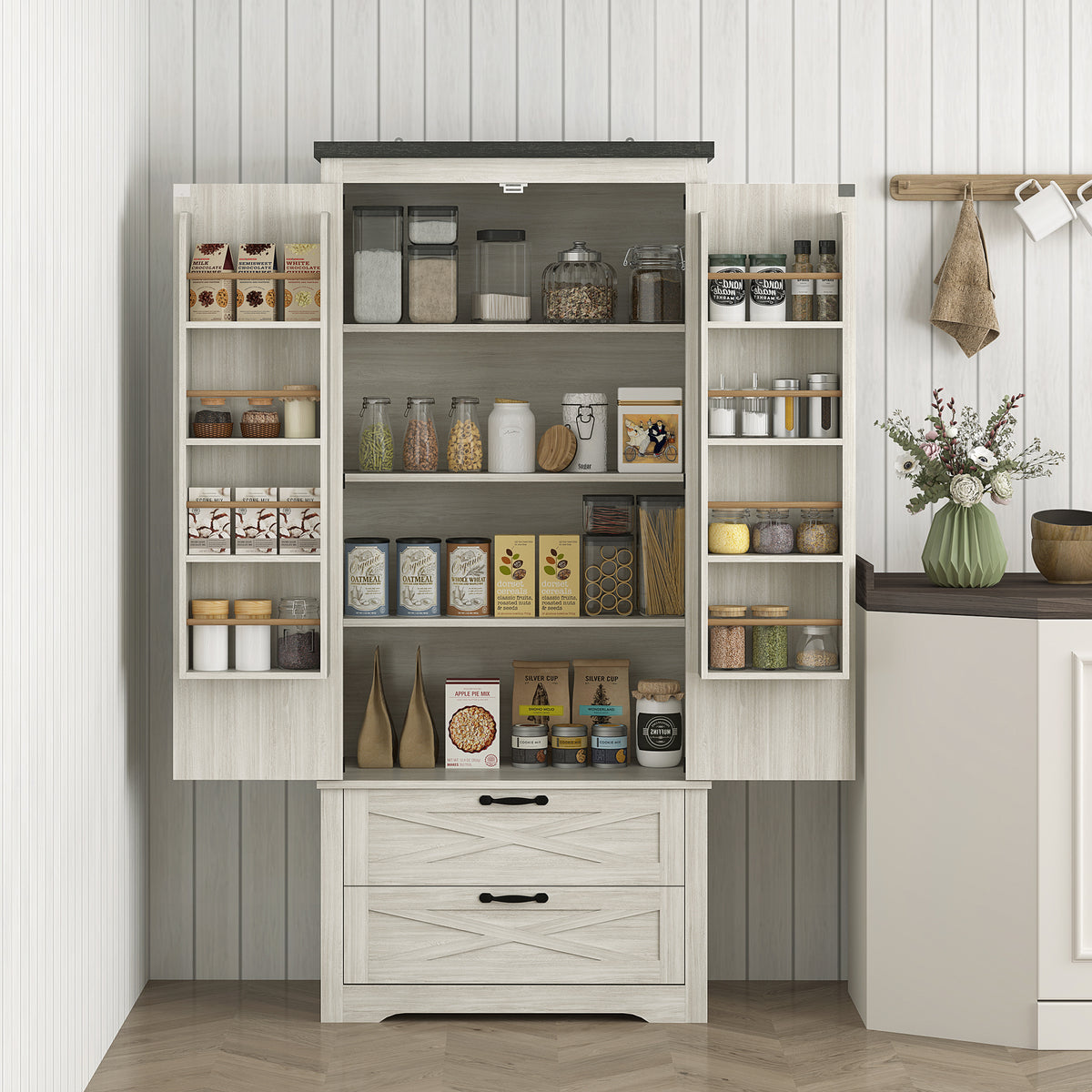 Freestanding Kitchen Pantry Cabinet with Drawers – 29"W x 64"H