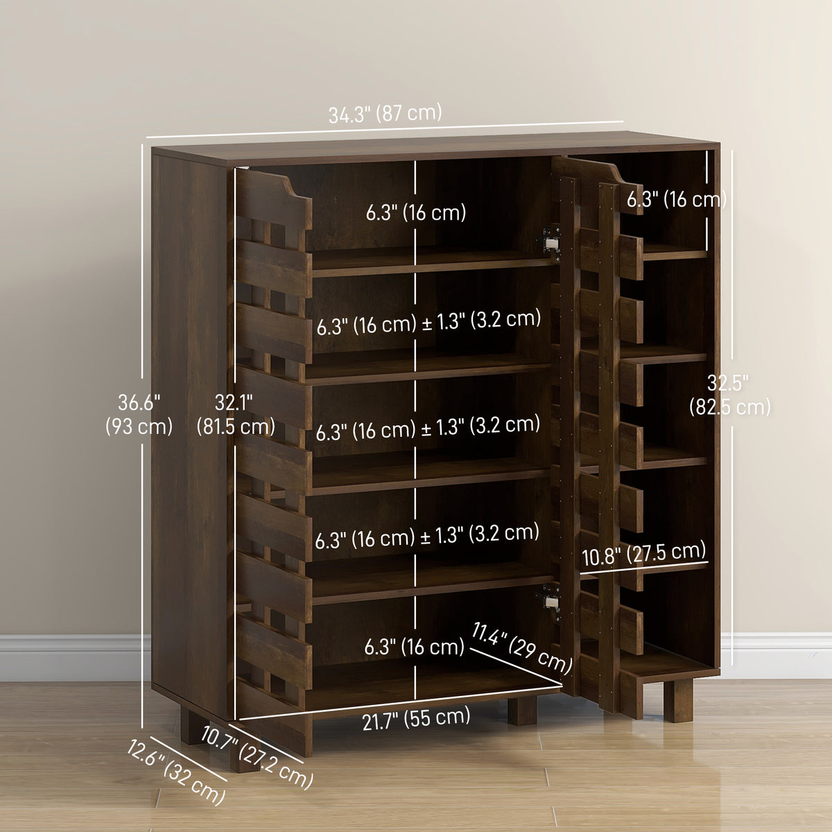 Shoe Cabinet with 5-Tier Double Door Storage – 34"W x 37"H