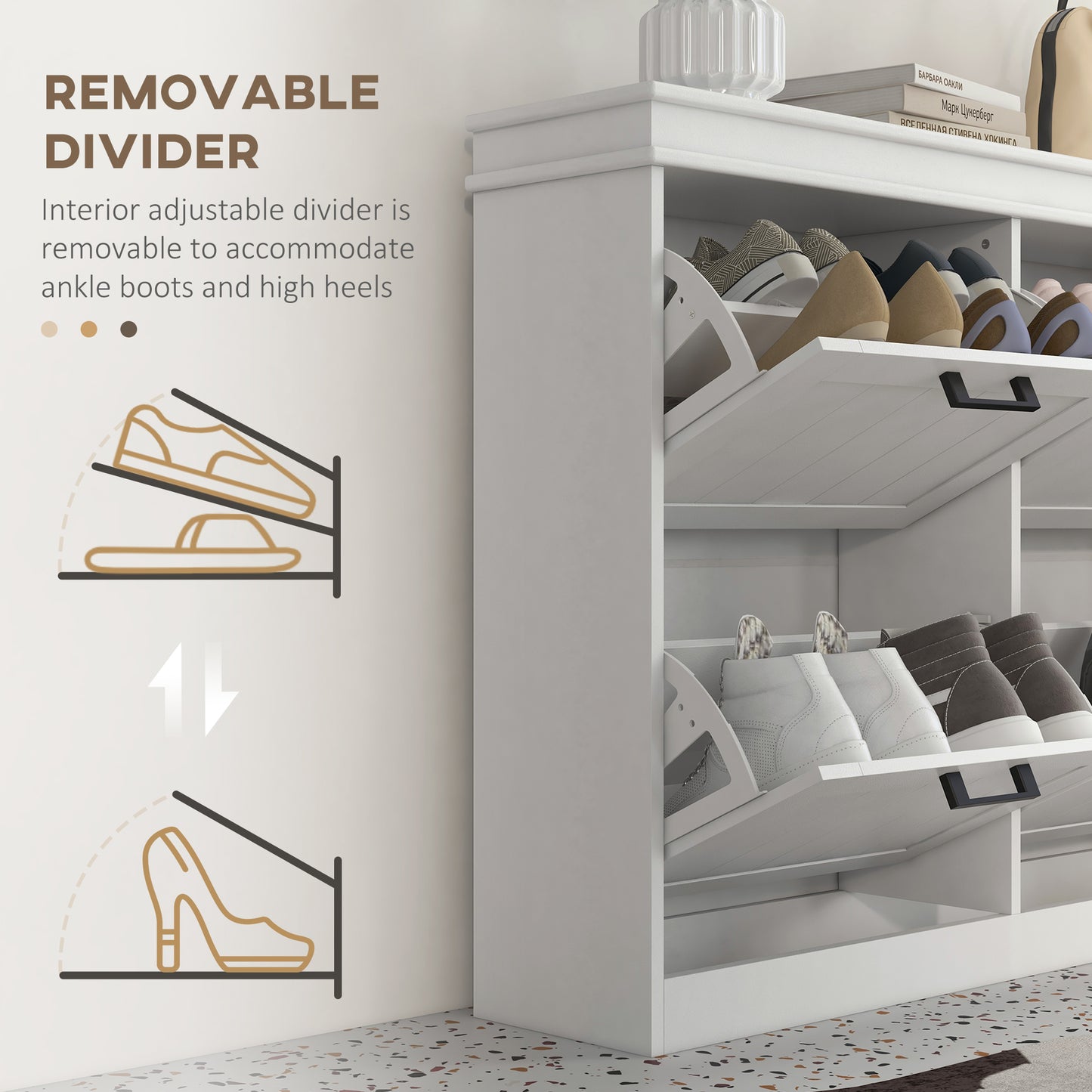 HOMCOM White Narrow Shoe Cabinet with 4 Flip Drawers and Adjustable Shelves