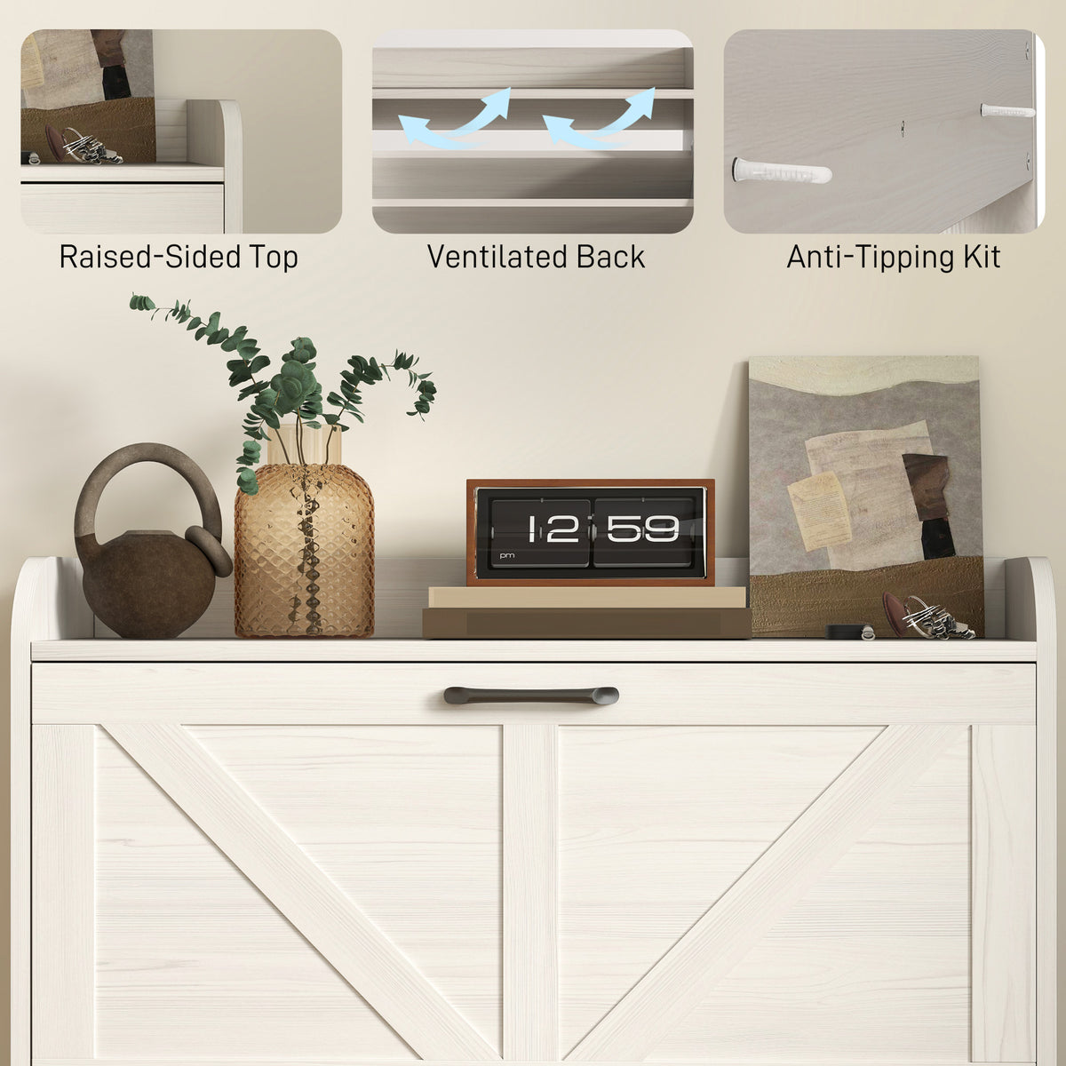 Farmhouse Shoe Cabinet with 2 Flip Drawers – 31"W x 34"H