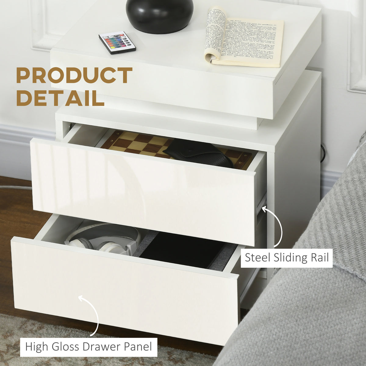 LED Nightstand with 2 Drawers – 18"W x 21"H