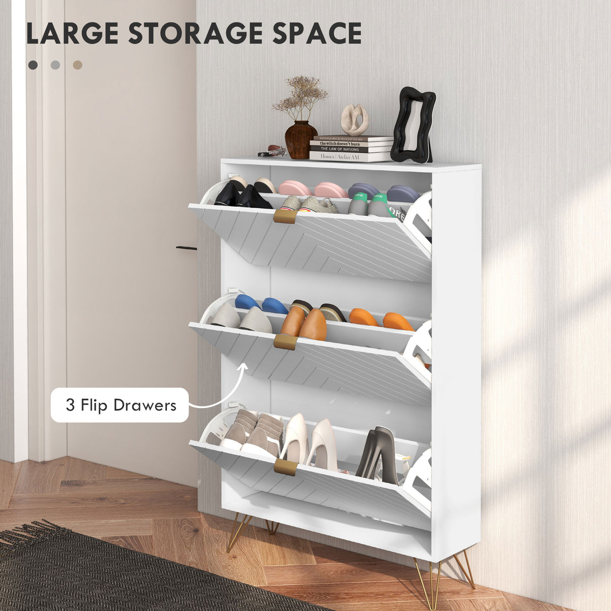 Modern Shoe Storage Cabinet with 3 Flip Drawers – 31"W x 50"H