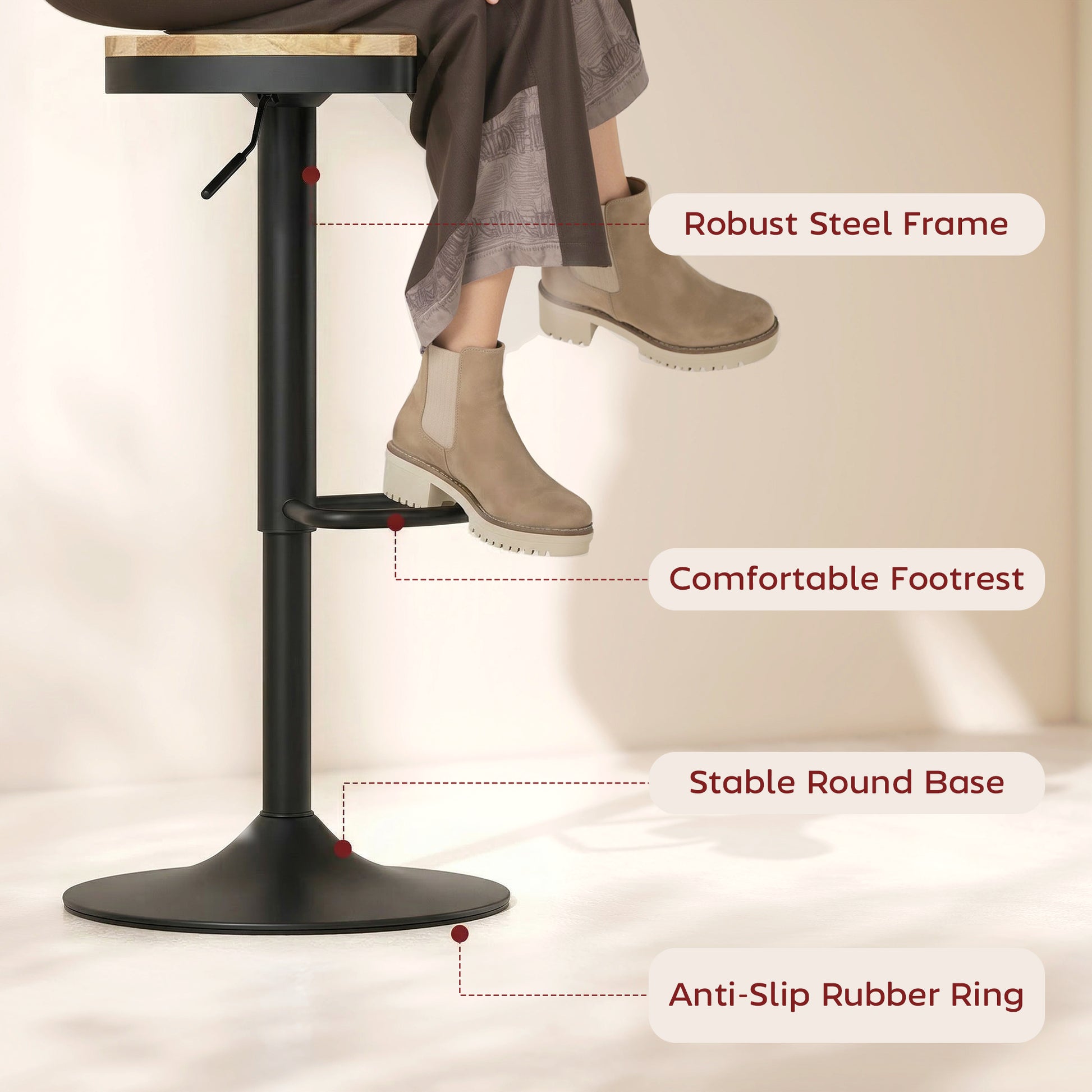 HOMCOM Barstools Set 2 Swivel Adjustable Height Natural Wood Black