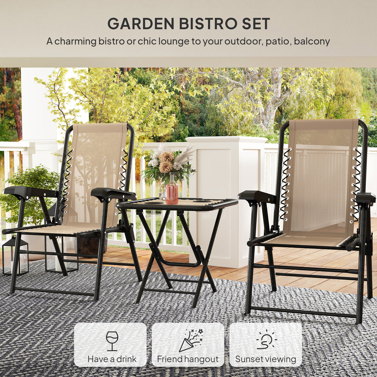 3 Pieces Patio Bistro Set, Outdoor Folding Table and Chairs Set, Metal Patio Furniture Set with Cup Holders – Khaki