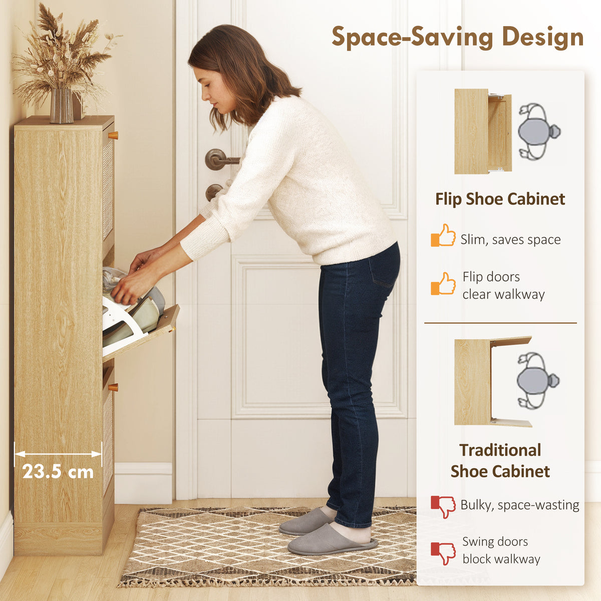 Rattan Shoe Storage Cabinet with 3 Flip Drawers – 24"W x 45"H