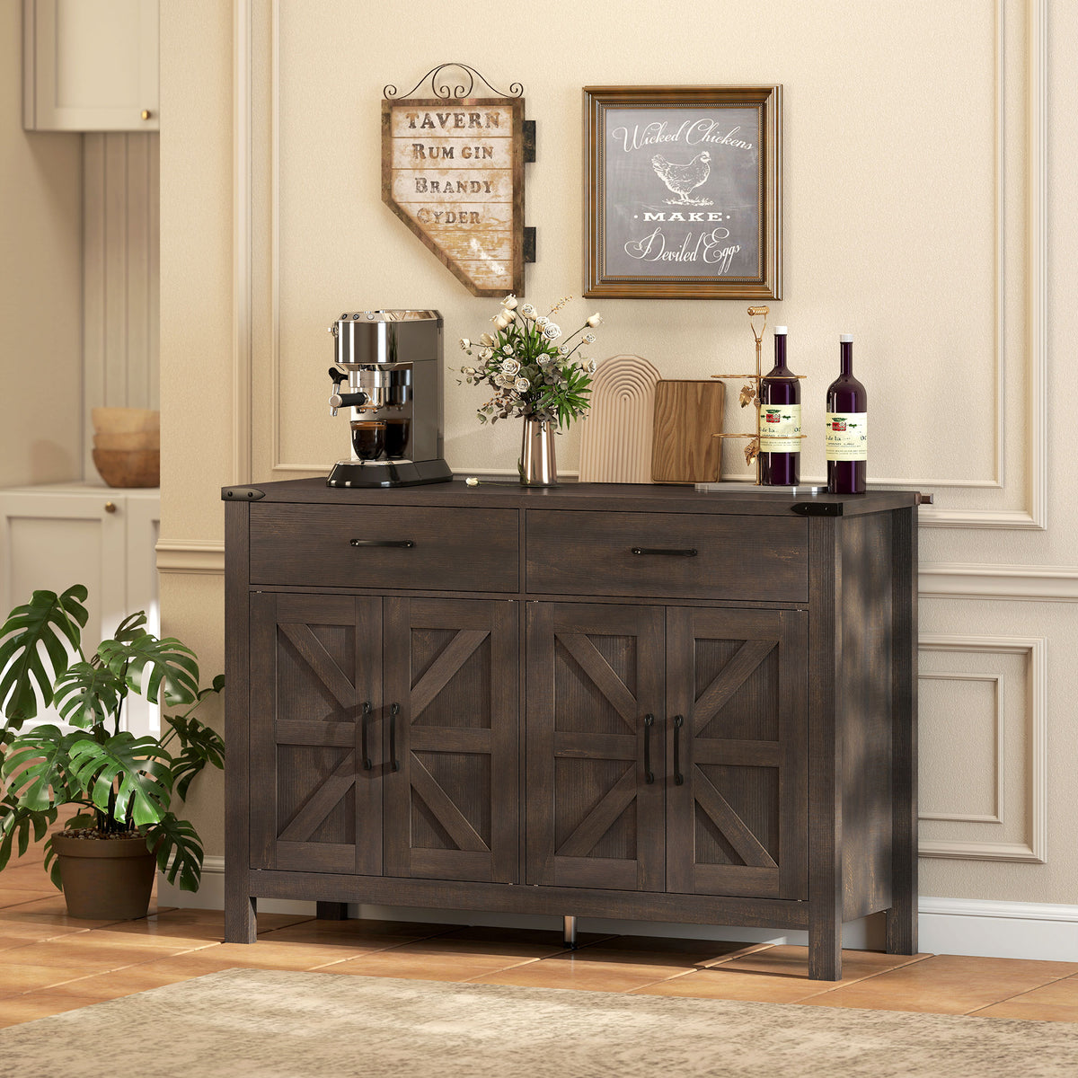 Farmhouse Kitchen Storage Cabinet with 2 Drawers and Shelves – 47"W x 32"H