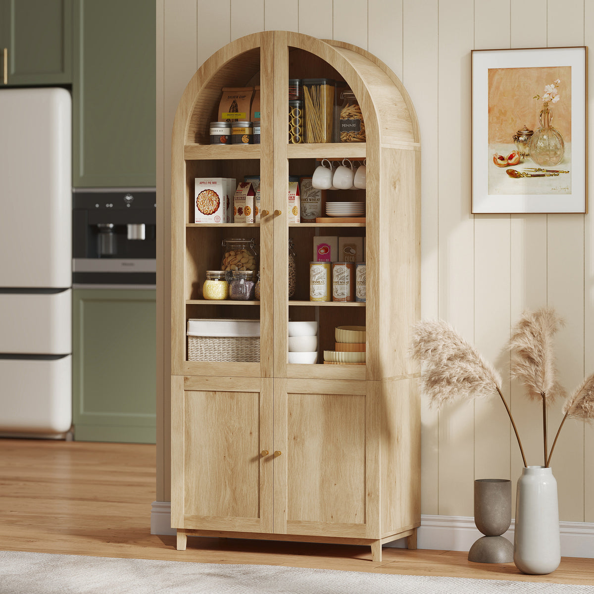 Farmhouse Kitchen Storage Cabinet with Acrylic Glass Doors – 31"W x 71"H
