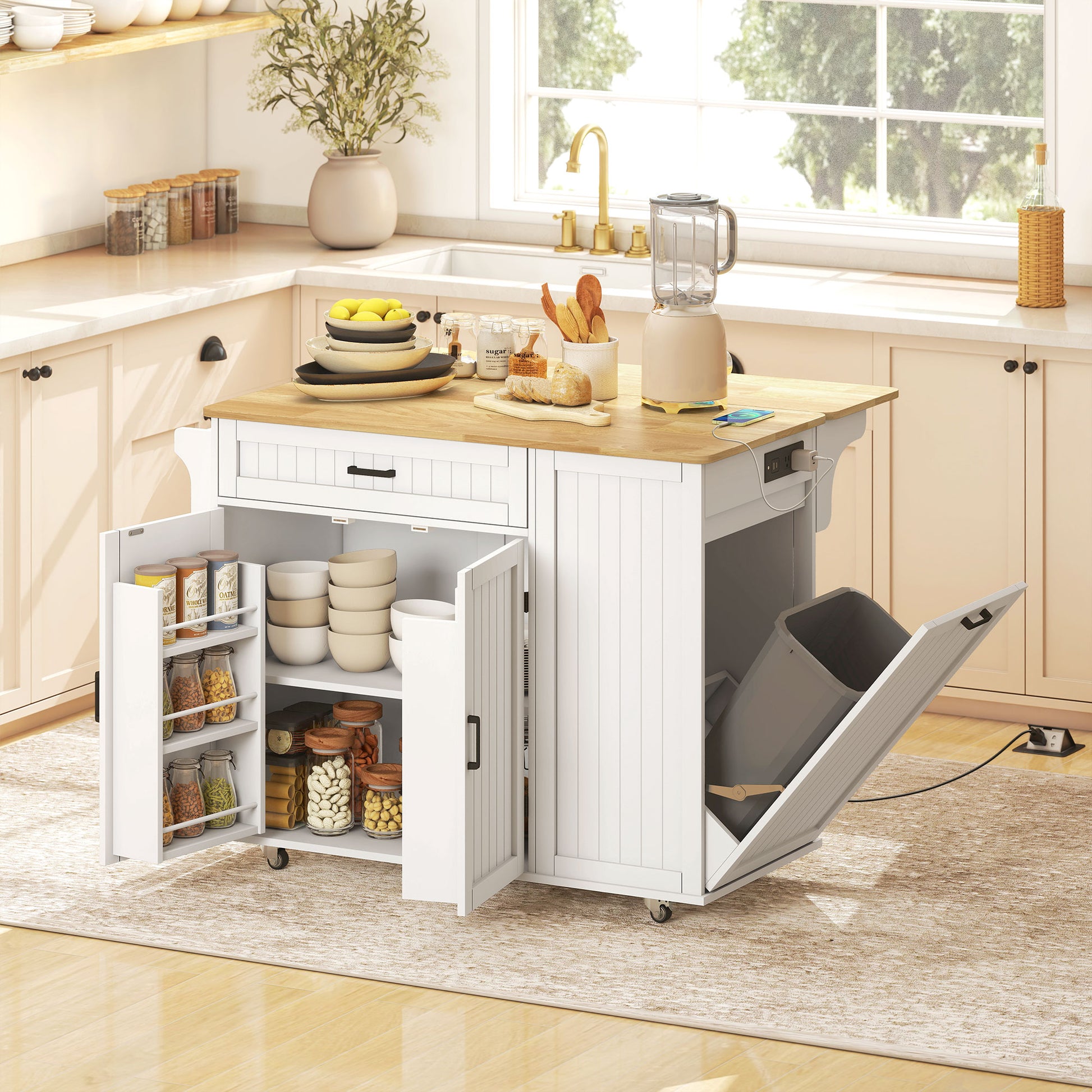 HOMCOM Kitchen Island Cart Portable with Charging Station White