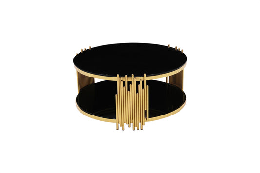 Round Black Glass Drum Coffee Table, Gold