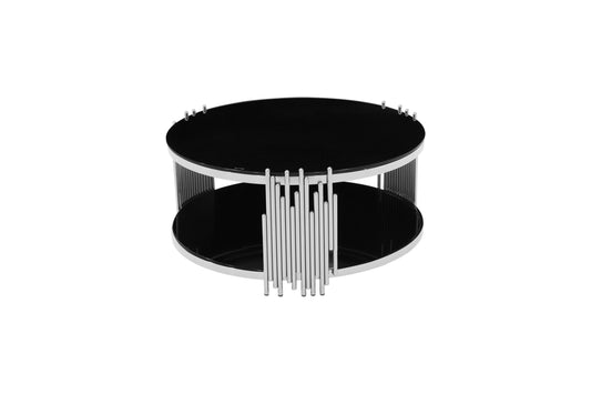 Round Black Glass Drum Coffee Table, Silver