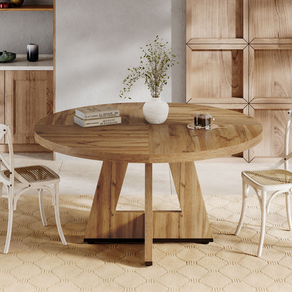 Round Dining Table for 4, 47" Wood Kitchen Table Farmhouse Dinner Table
