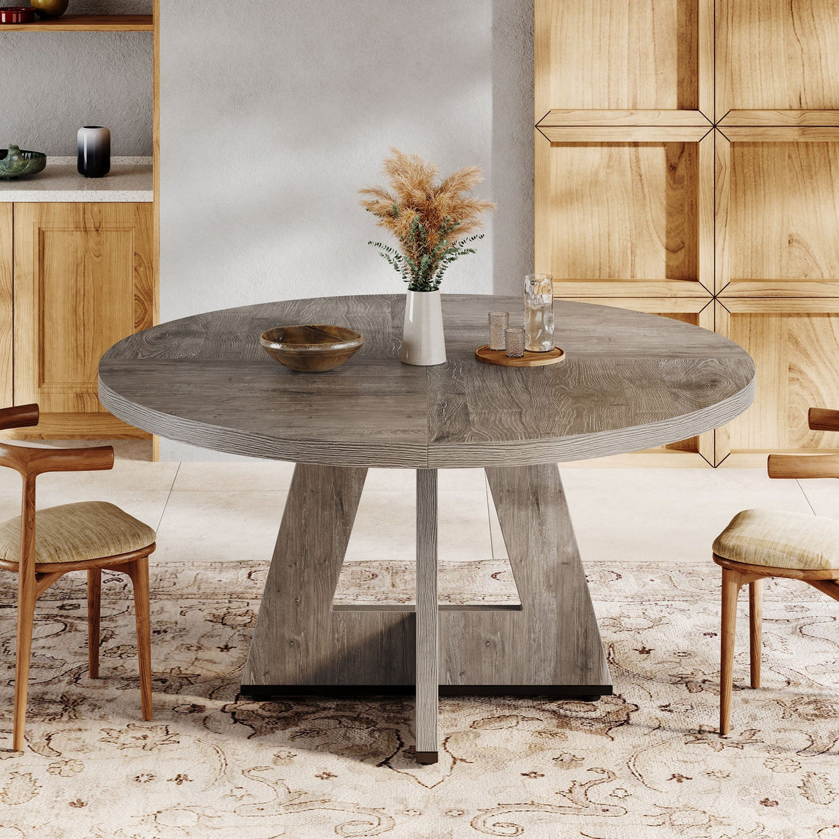 Round Dining Table for 4, 47" Wood Kitchen Table Farmhouse Dinner Table