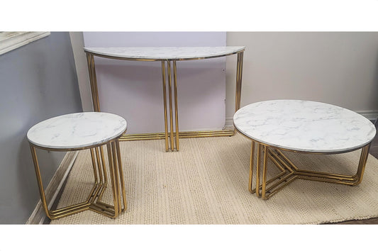 Round Faux Marble Coffee Table Set with 2 End Tables
