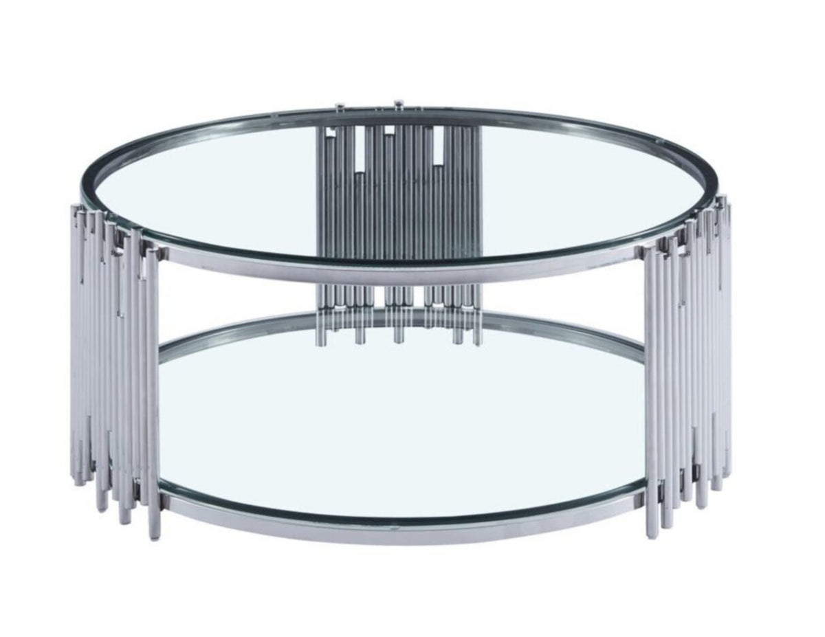 Round Glass Coffee Table with Fluted Frame