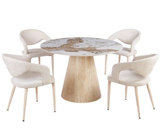 Round Marble-Look Dining Table with Fluted Pedestal