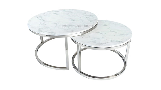 Round Marble Nesting Coffee Tables, Silver
