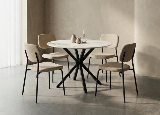 Round Stone-Top Dining Set with Black Geometric Pedestal