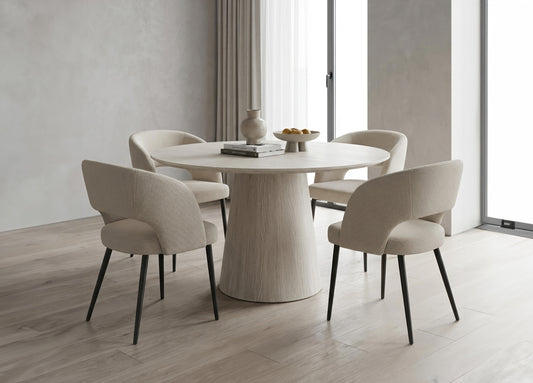 Round Travertine-Look Pedestal Dining Set with Cream Chairs