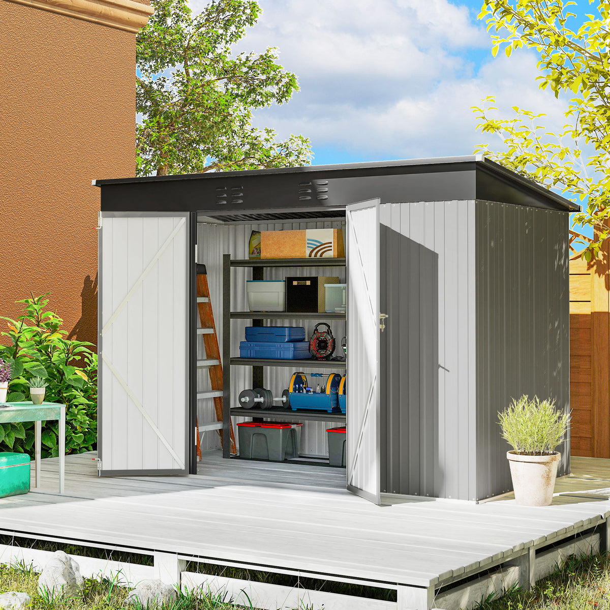 9' x 4' Galvanized Steel Garden Storage Shed with Lockable Doors, Gloves and 2 Air Vents for Backyard, Patio, Lawn – Grey
